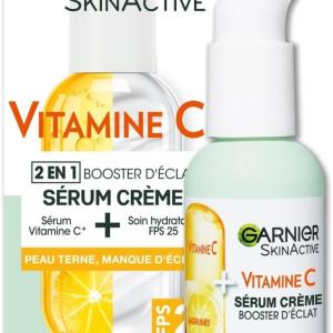 GARNIER Skin Active - Sérum Crème Booster D'Éclat 2-En-1 - Hydratation 72h & Éclat - FPS 25 - Vitamine C & Agrumes - Vegan & Cruelty Free - Peaux Ternes En Manque D'Éclat - 50 ml